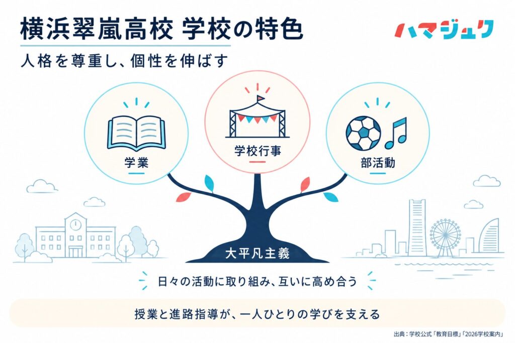 大平凡主義を土台に、学業・学校行事・部活動に取り組み、人格と個性を育む横浜翠嵐高校の教育を示す図解。