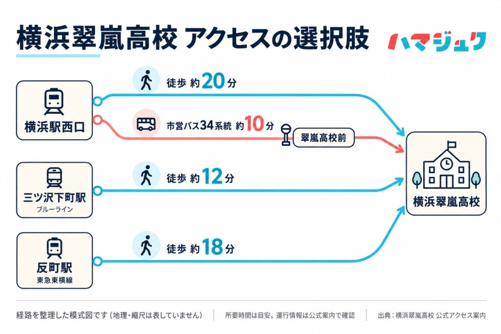 横浜駅西口から徒歩約20分またはバス約10分、三ツ沢下町駅から徒歩約12分、反町駅から徒歩約18分の経路をまとめた模式図。