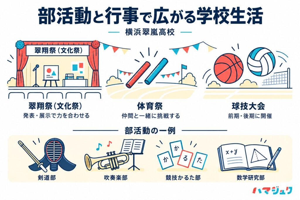 横浜翠嵐高校の翠翔祭、体育祭、前期・後期の球技大会を紹介。部活動の例として剣道部、吹奏楽部、競技かるた部、数学研究部を示す。