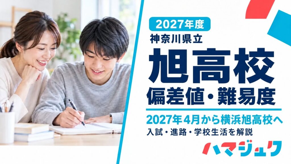 2027年度の神奈川県立旭高校の偏差値・難易度を紹介するアイキャッチ。左に学習風景、右に校名と2027年4月から横浜旭高校への案内を配置。