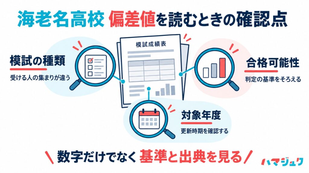 偏差値を比較するときに模試の種類、合格可能性、対象年度を確認する図