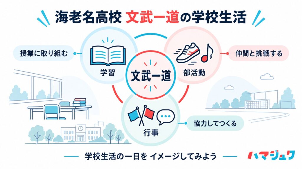 学習、部活動、行事をつなげて学校生活を考える文武一道の図