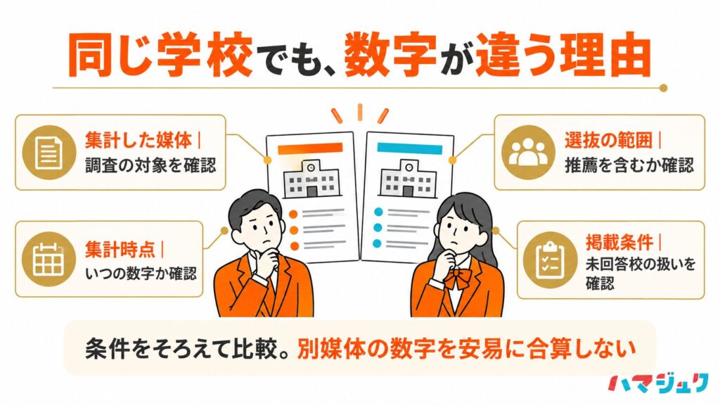 高校別の東大合格者数を比較するときに、媒体、集計時点、推薦の範囲、未回答校の扱いを確認する図解。