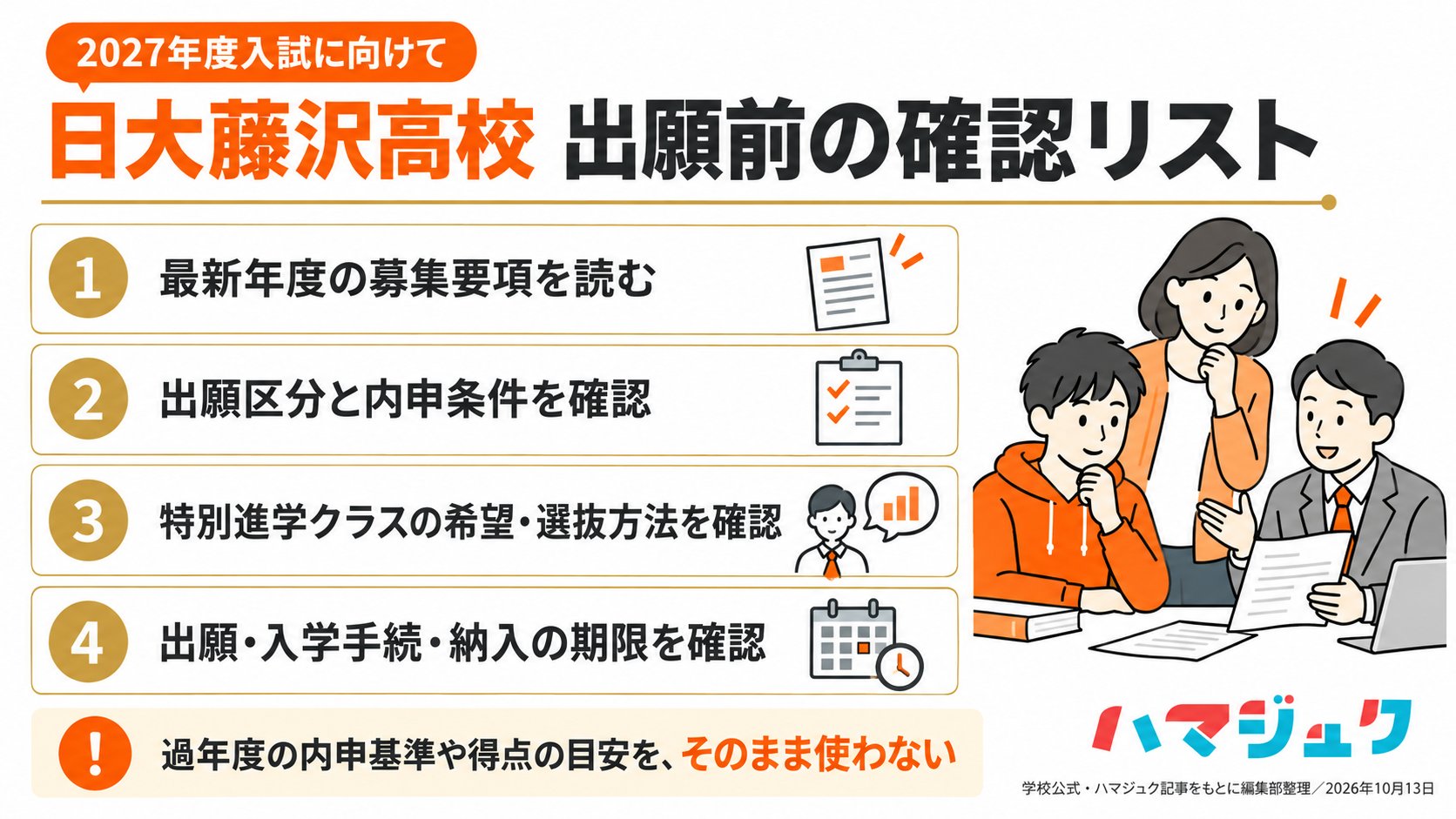 日大藤沢高校への出願前に、最新年度の募集要項、出願区分と内申条件、特別進学クラスの希望・選抜方法、出願と納入の期限を確認する。