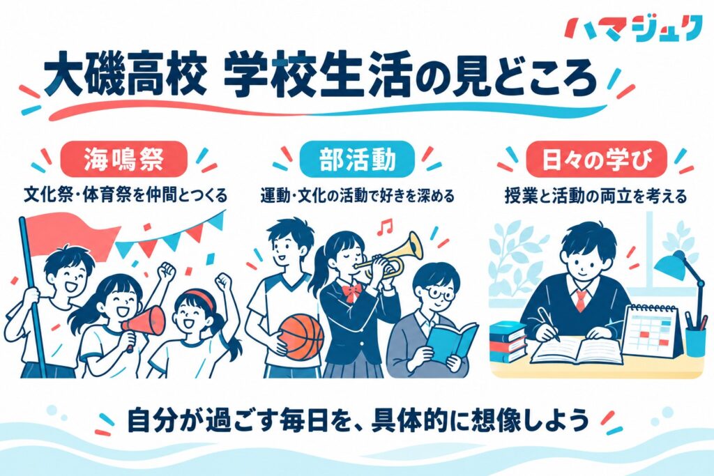 海鳴祭、部活動、日々の学びを中心に大磯高校の学校生活を俯瞰する図解。
