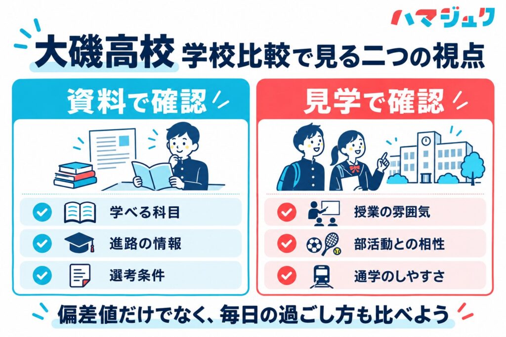 大磯高校を他校と比較する際の資料での確認と見学での確認を区別した図解。