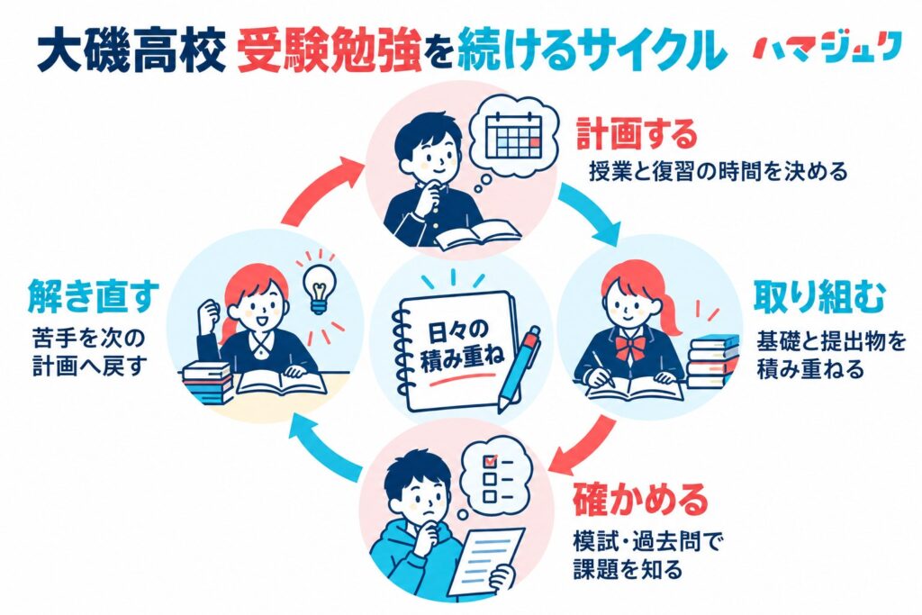 大磯高校を目指す学習を、計画、実践、確認、解き直しの循環で整理する図解。