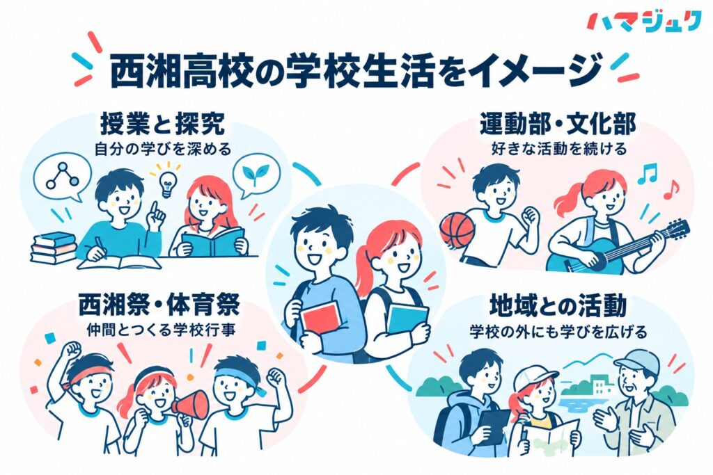 授業、部活動、学校行事、地域との活動をつなげて西湘高校の生活を俯瞰する図解。