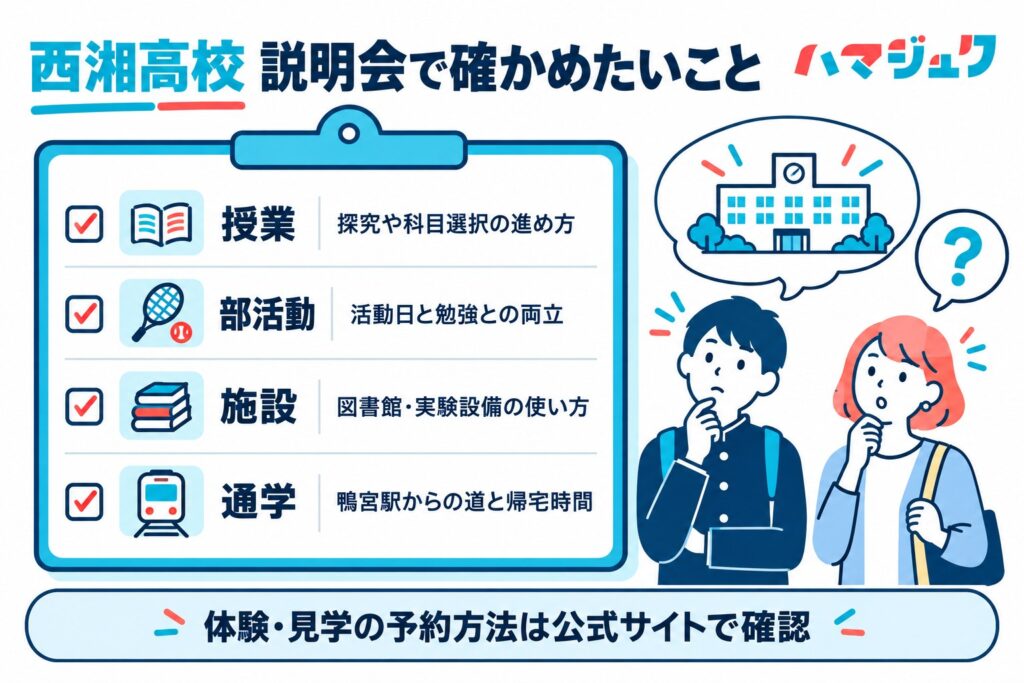 西湘高校の説明会で授業、部活動、施設、通学を確かめるチェックリスト。