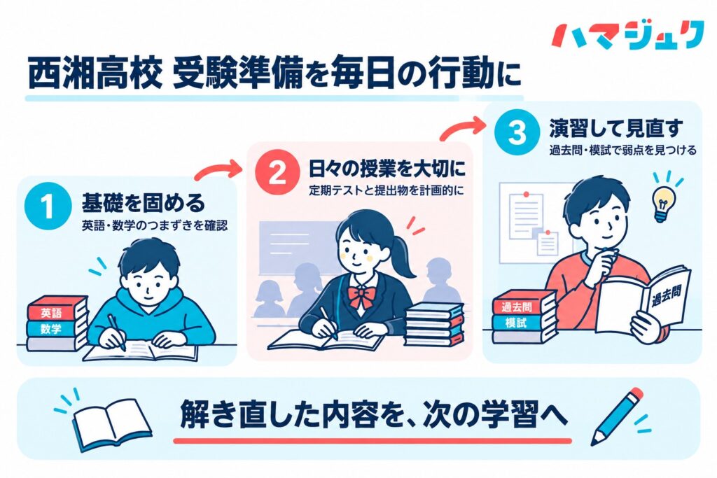 西湘高校を目指す受験準備を、基礎学習、日々の授業、演習と見直しに分けた図解。