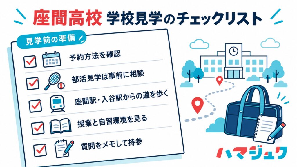 学校見学の前に予約と部活見学を確認し、通学路、授業、自習環境、質問を確認するチェックリスト